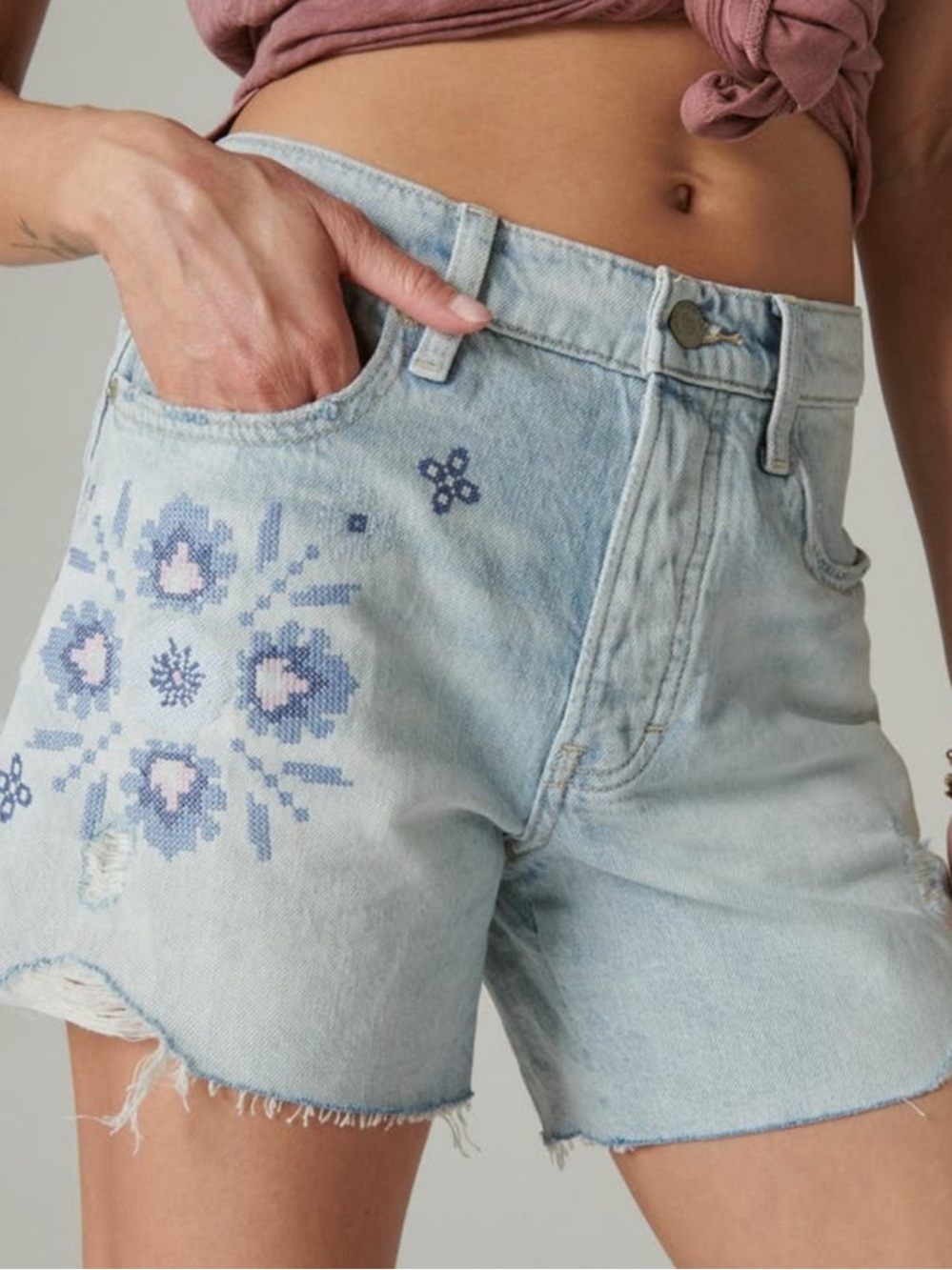 Lucky Brand Light Blue Denim Shorts with Blue and Pink Embroidery